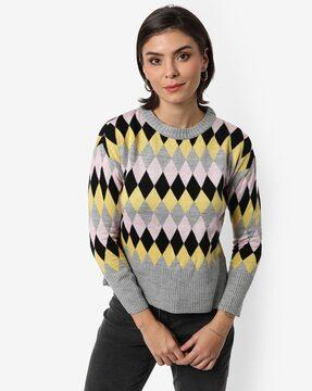 argyle-knit round-neck pullover