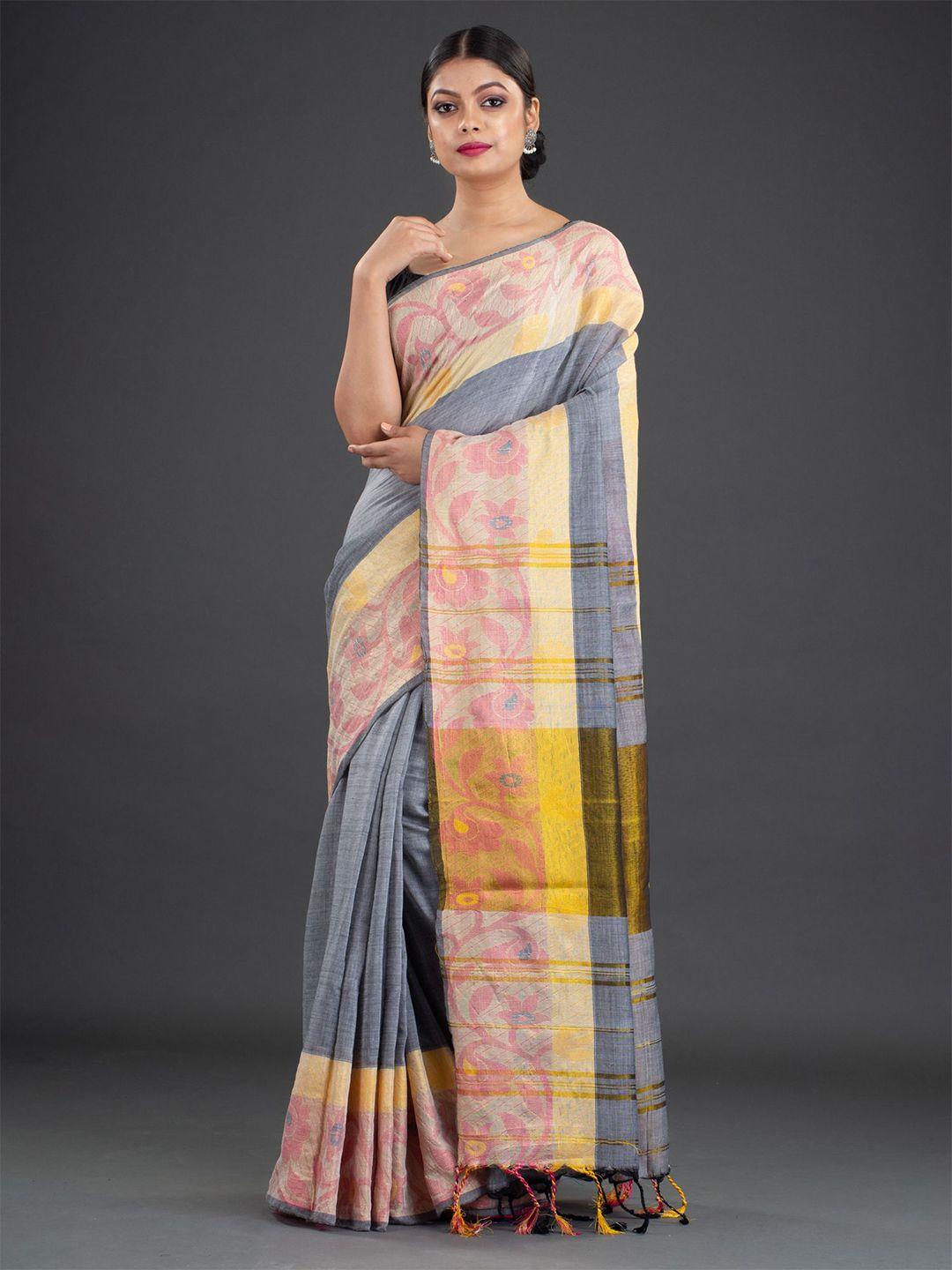 arhi grey & pink woven design pure cotton saree