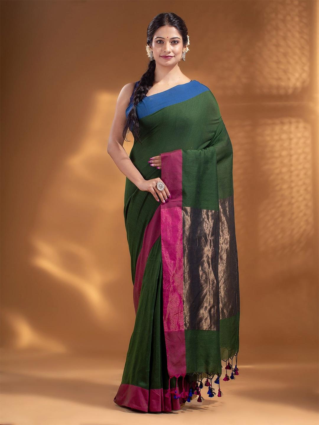 arhi women green & maroon woven design pure cotton saree with zari pallu