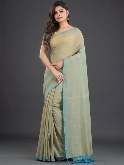 arhi olive green cotton plain saree with unstitched blouse