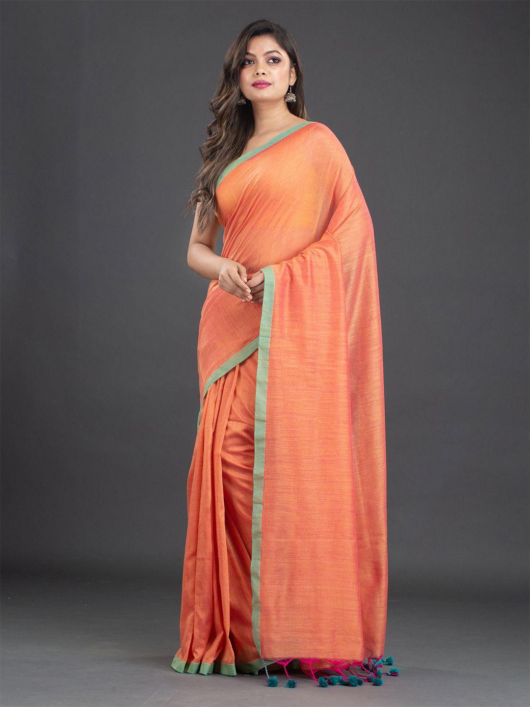 arhi orange & green solid handwovenpure cotton saree