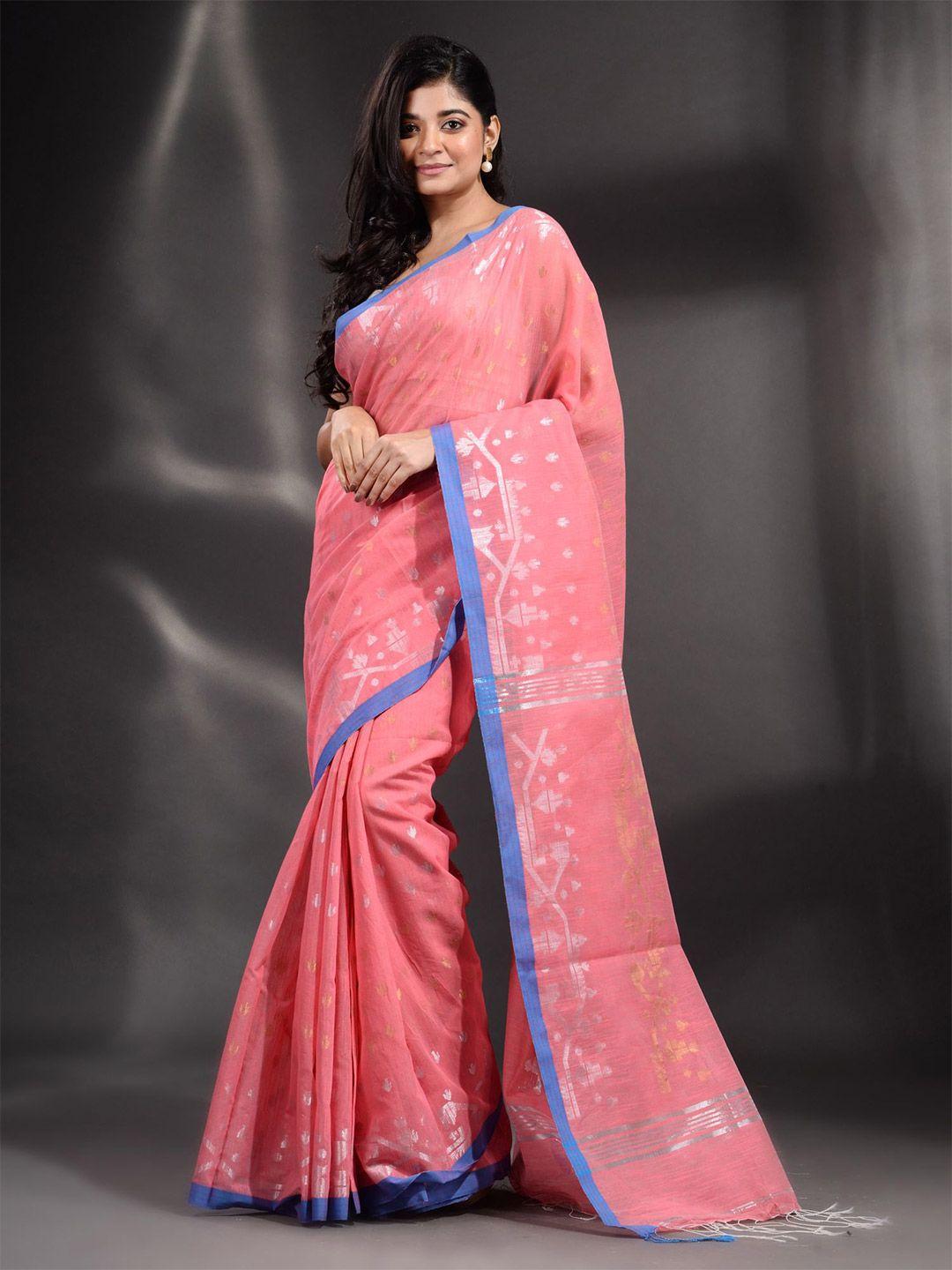 arhi pink & blue women woven design pure cotton saree with blouse piece
