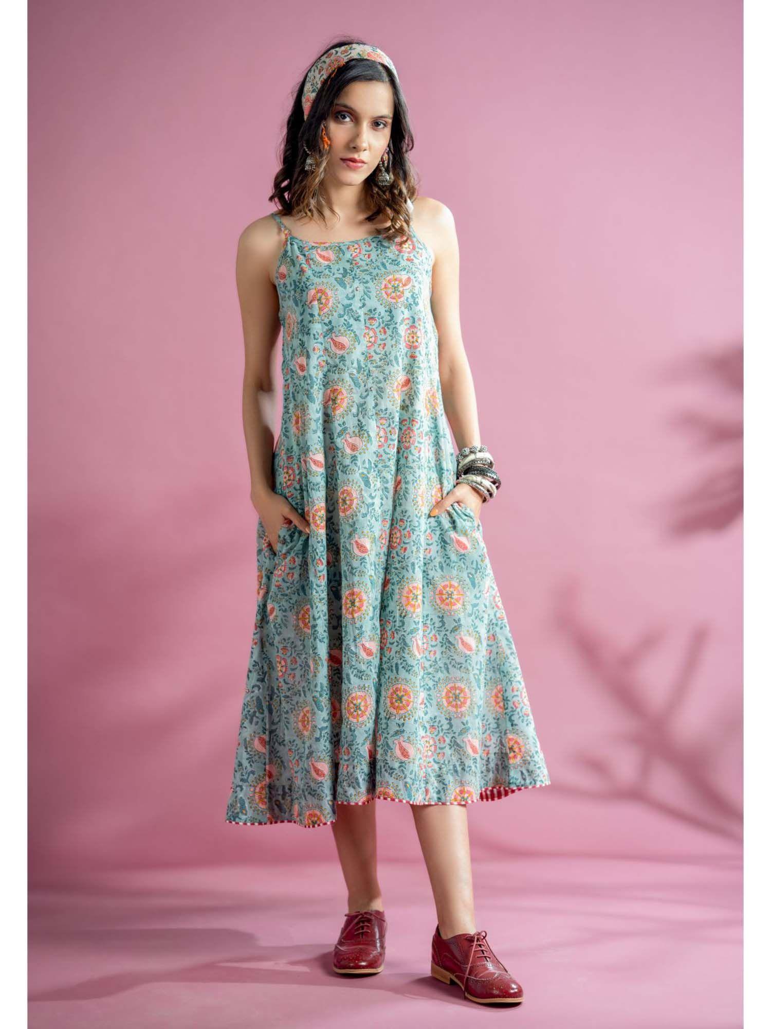 ariel aqua block printed cotton dress