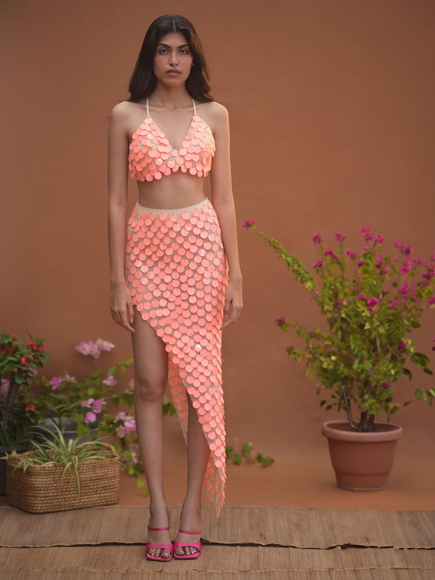 ariel net peach shimmer midi skirt