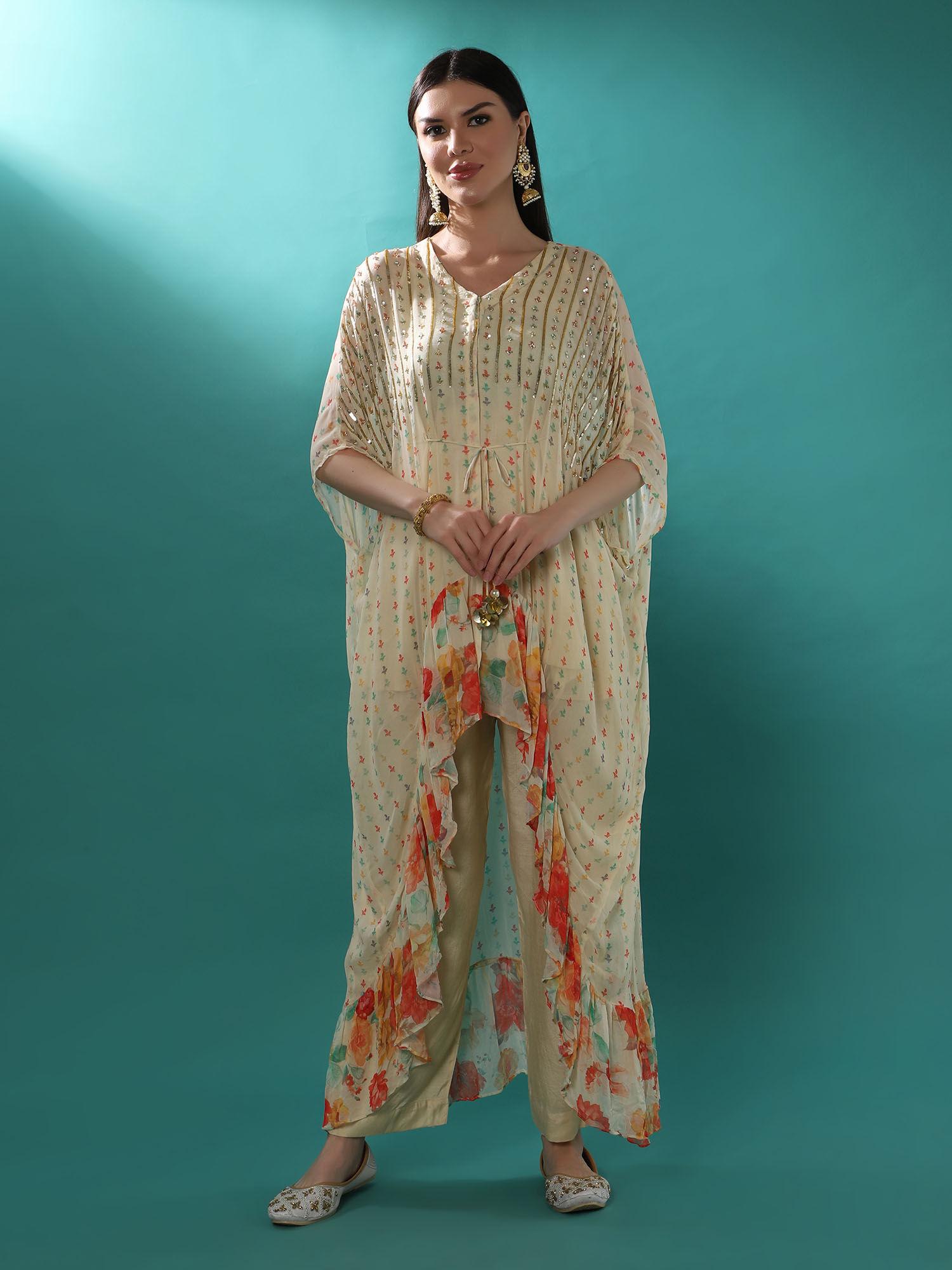 arina ivory floral inner with kaftan & pant (set of 3)