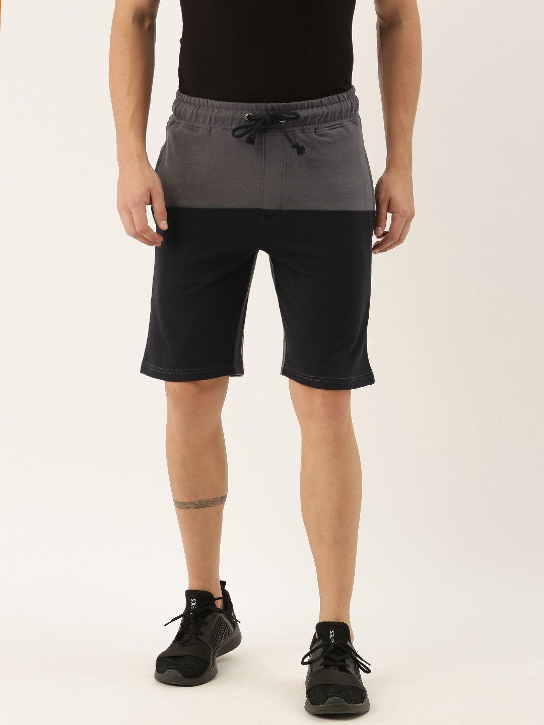 arise men black & charcoal grey colourblocked regular fit regular shorts