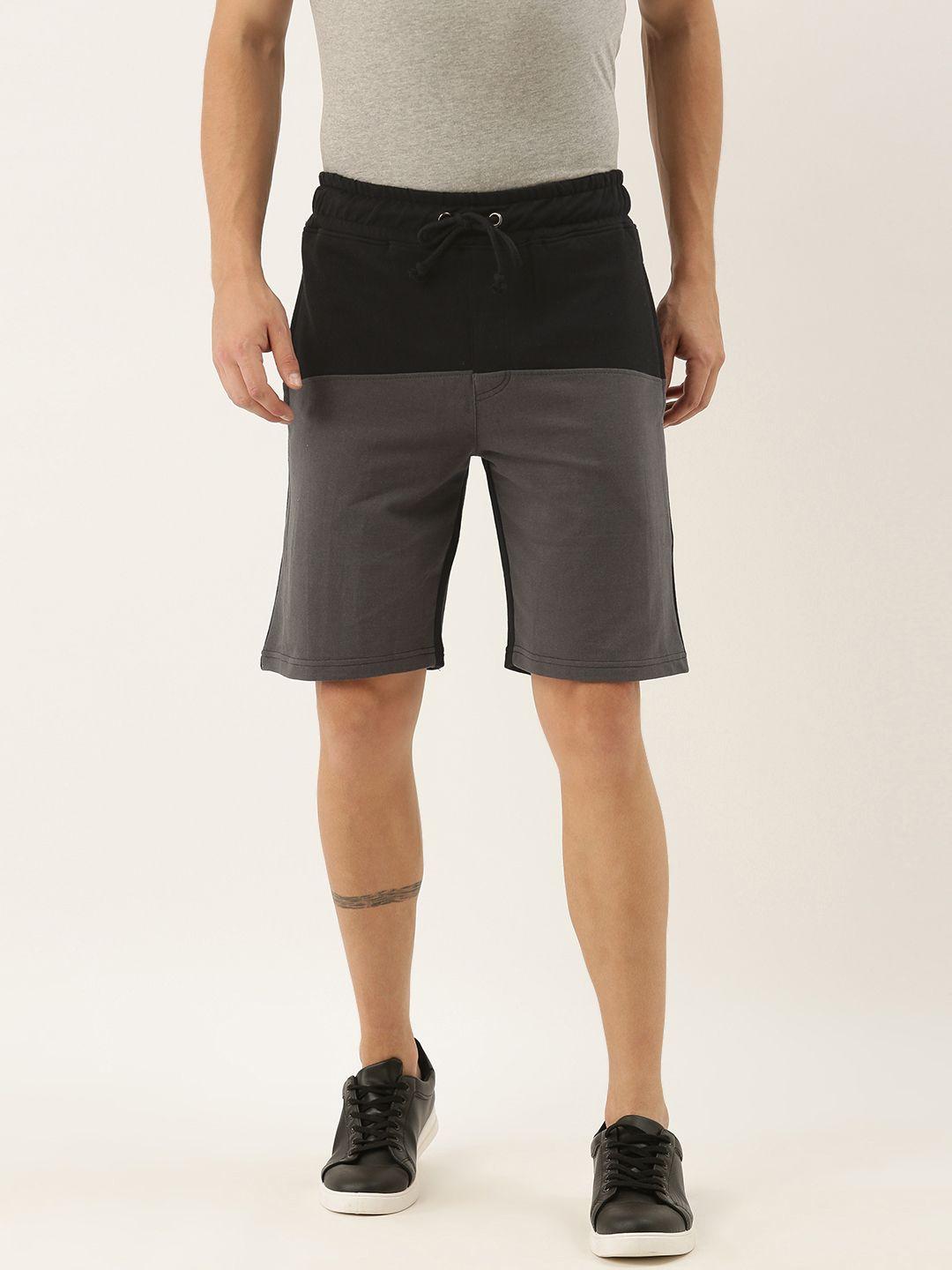 arise men black & grey colourblocked regular fit pure cotton shorts