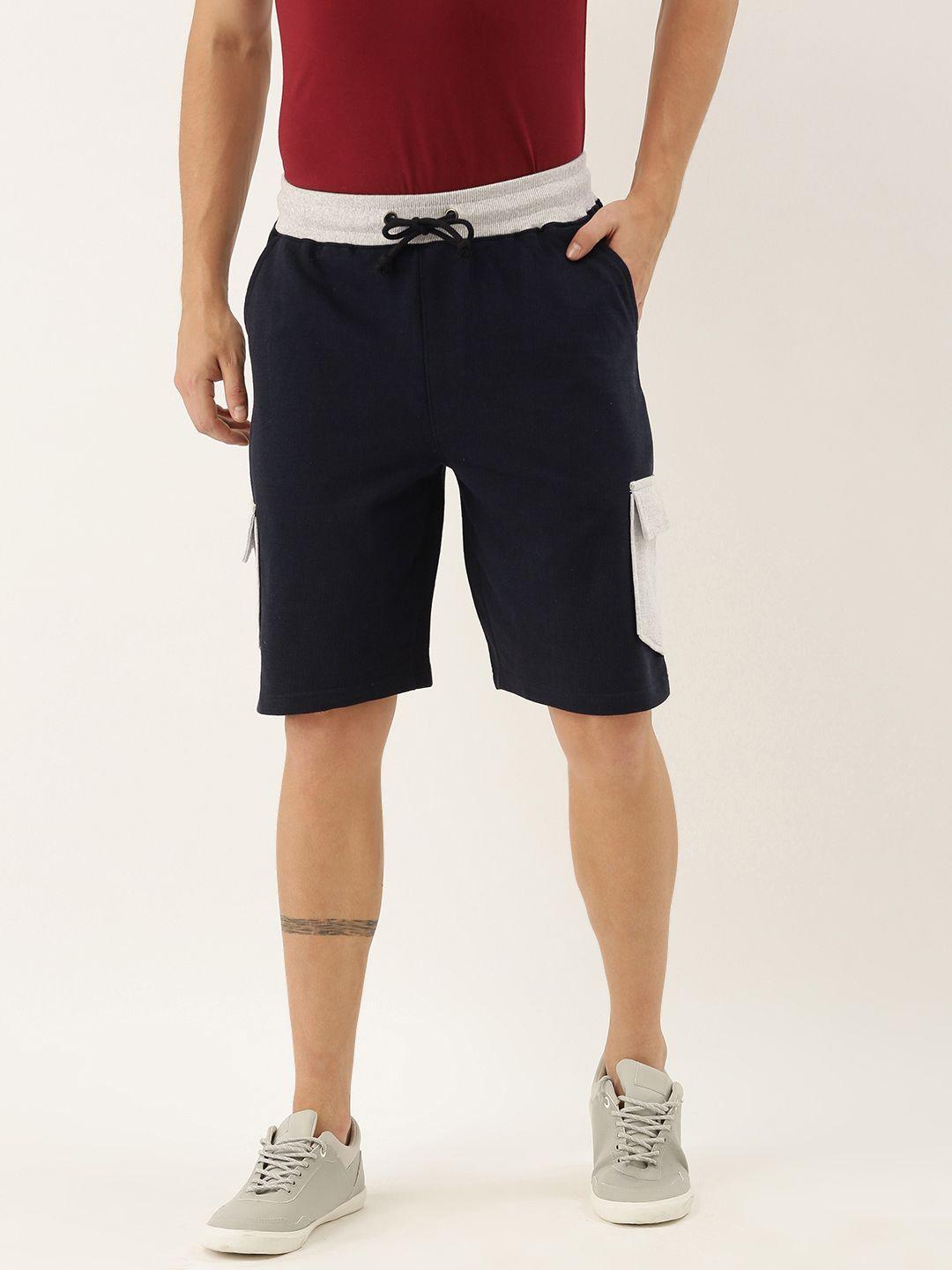 arise men navy blue solid regular fit regular shorts with contrast pocket detailing