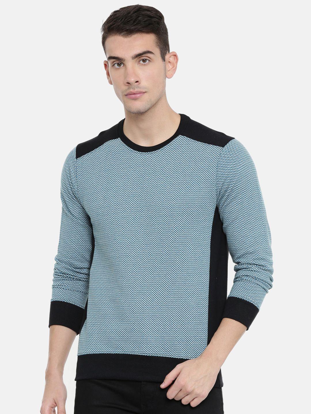 arise men grey & teal blue self-checked sweatshirt