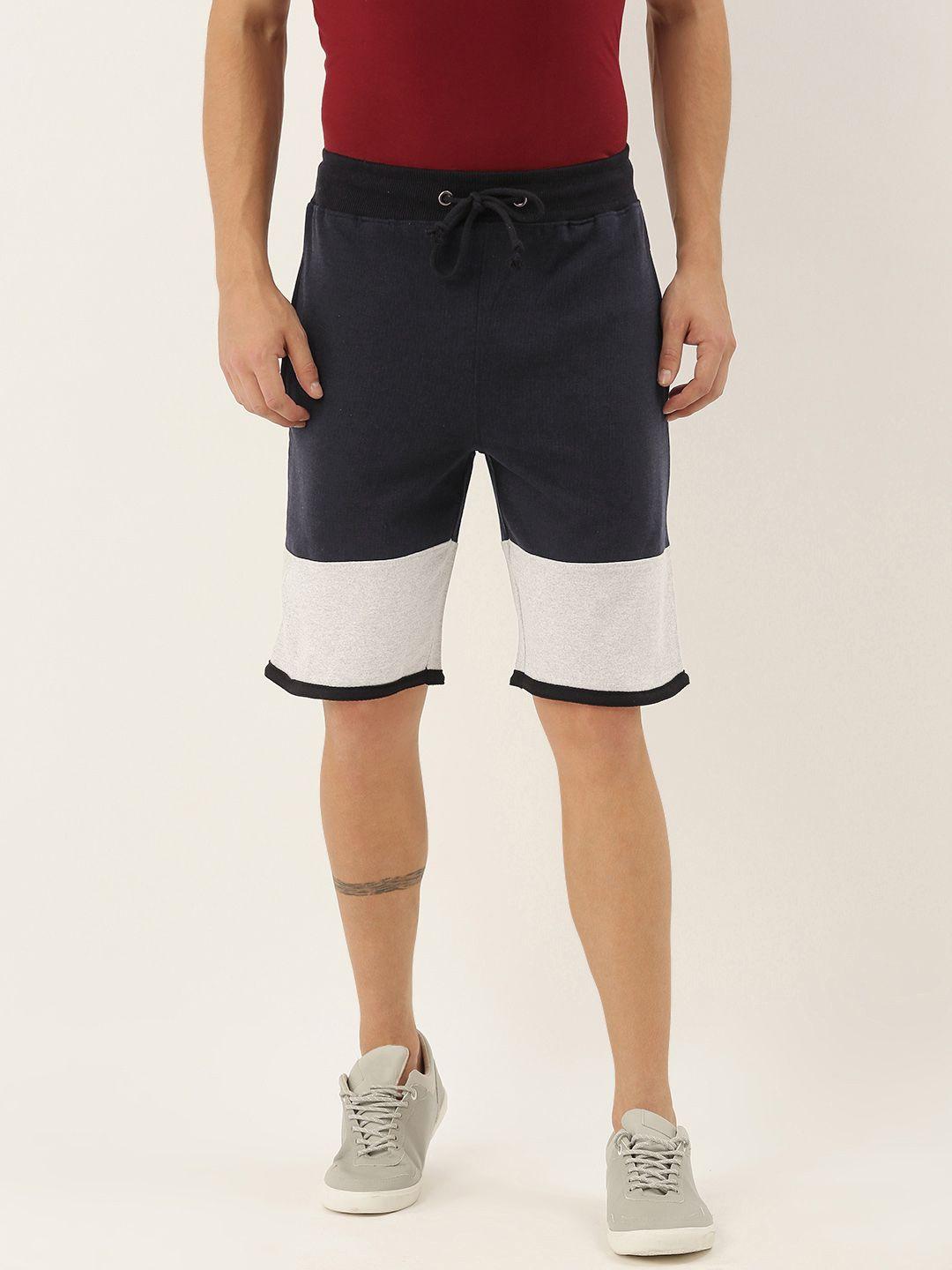 arise men navy blue & grey melange colourblocked regular fit pure cotton shorts