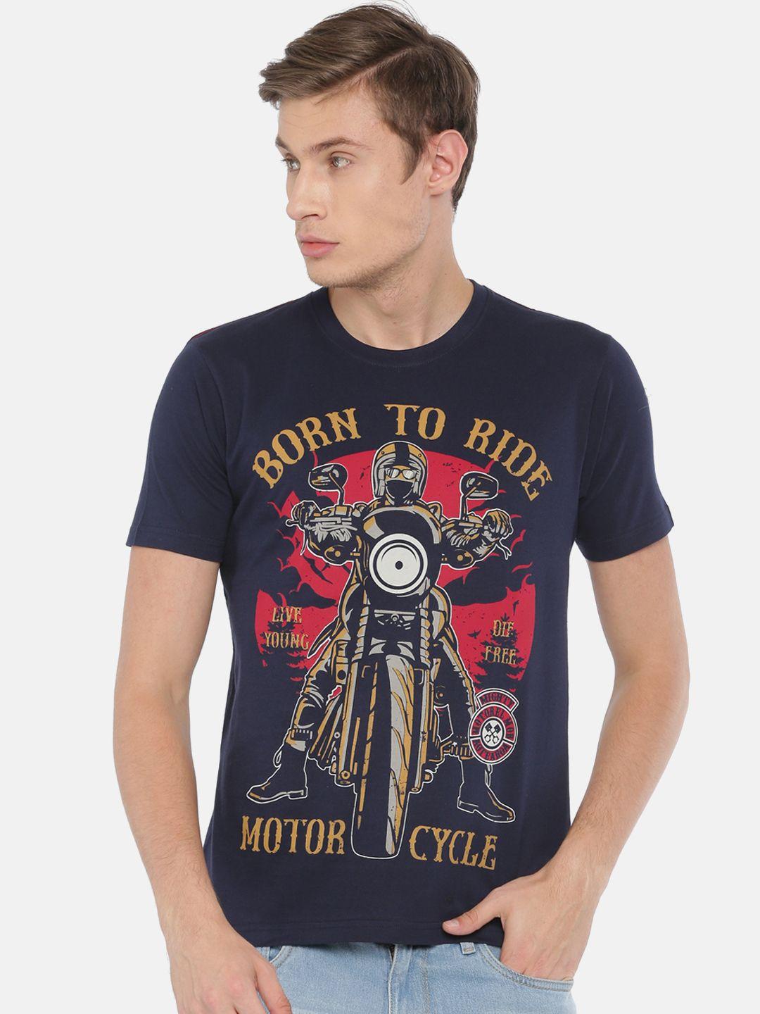 arise men navy blue printed round neck t-shirt