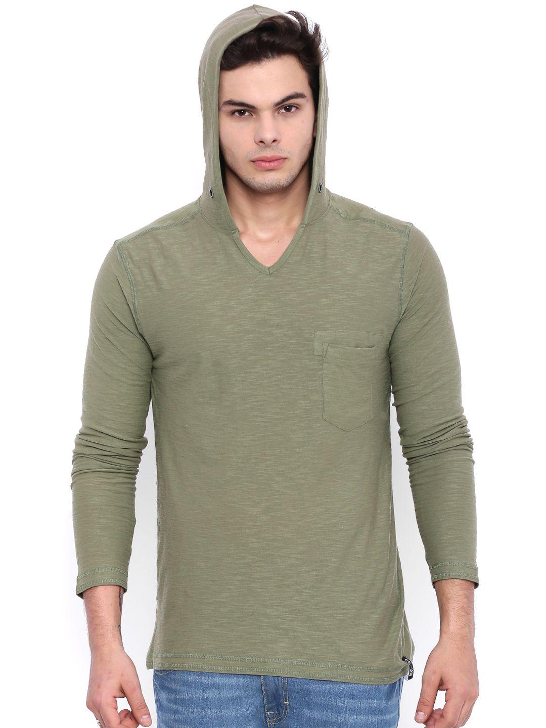 arise men olive green solid hooded t-shirt