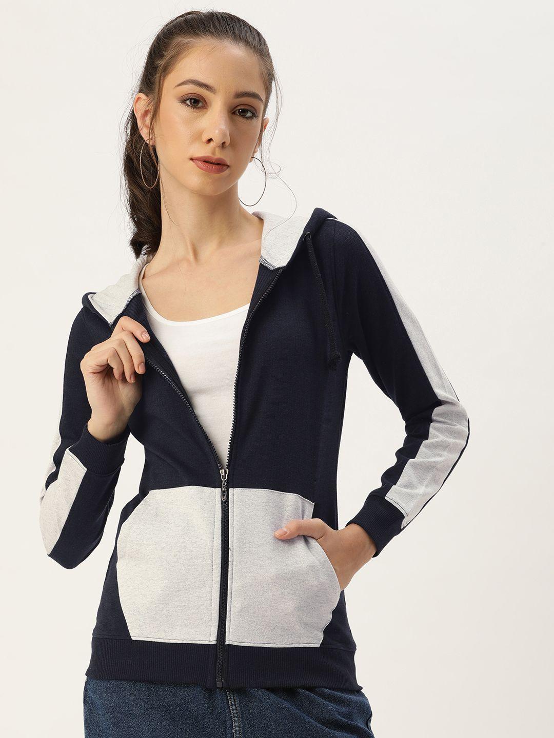 arise women navy blue & white colourblocked hooded pure cotton sweatshirt