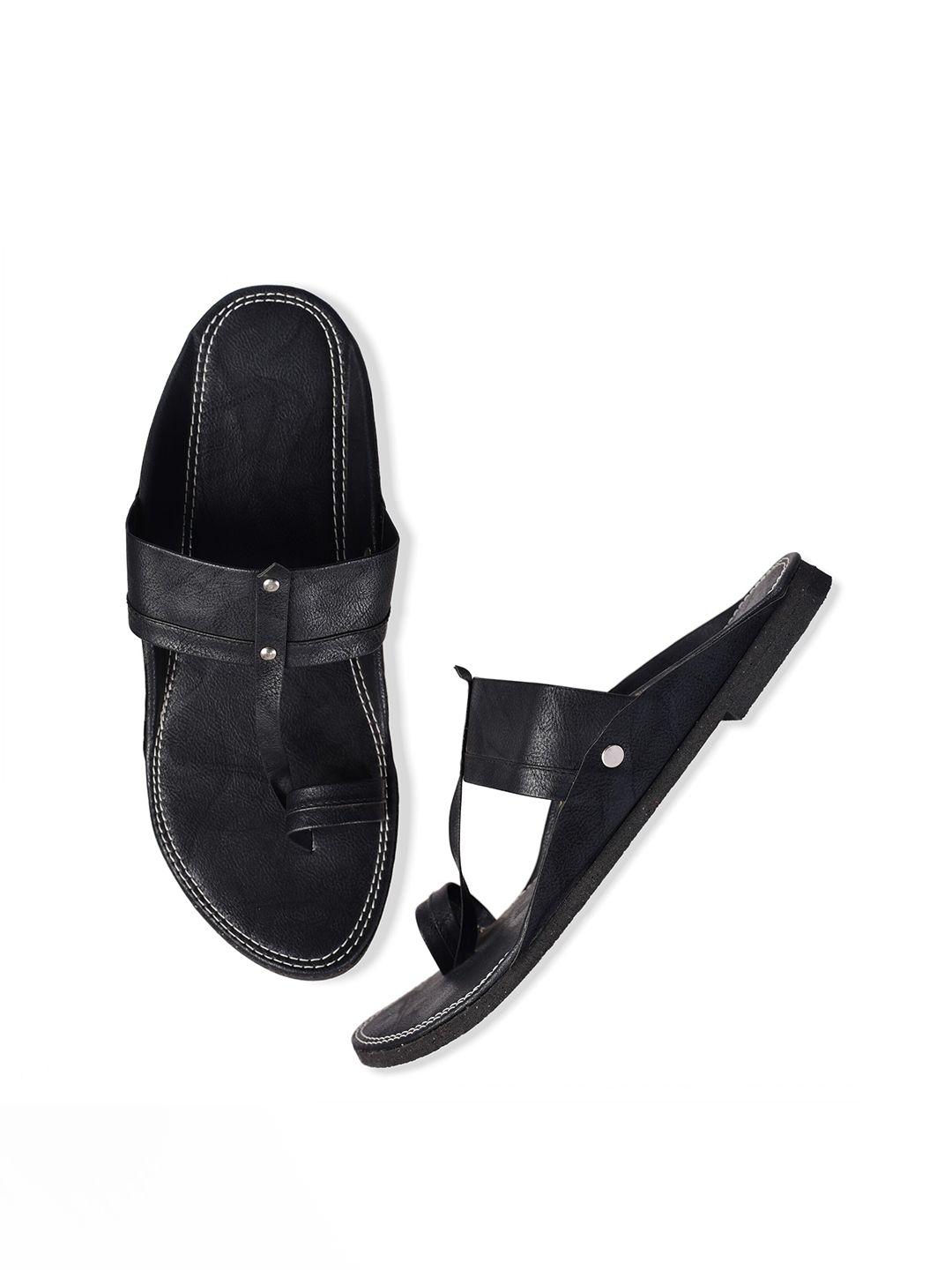 aristitch men black solid leather slip-on flip flops