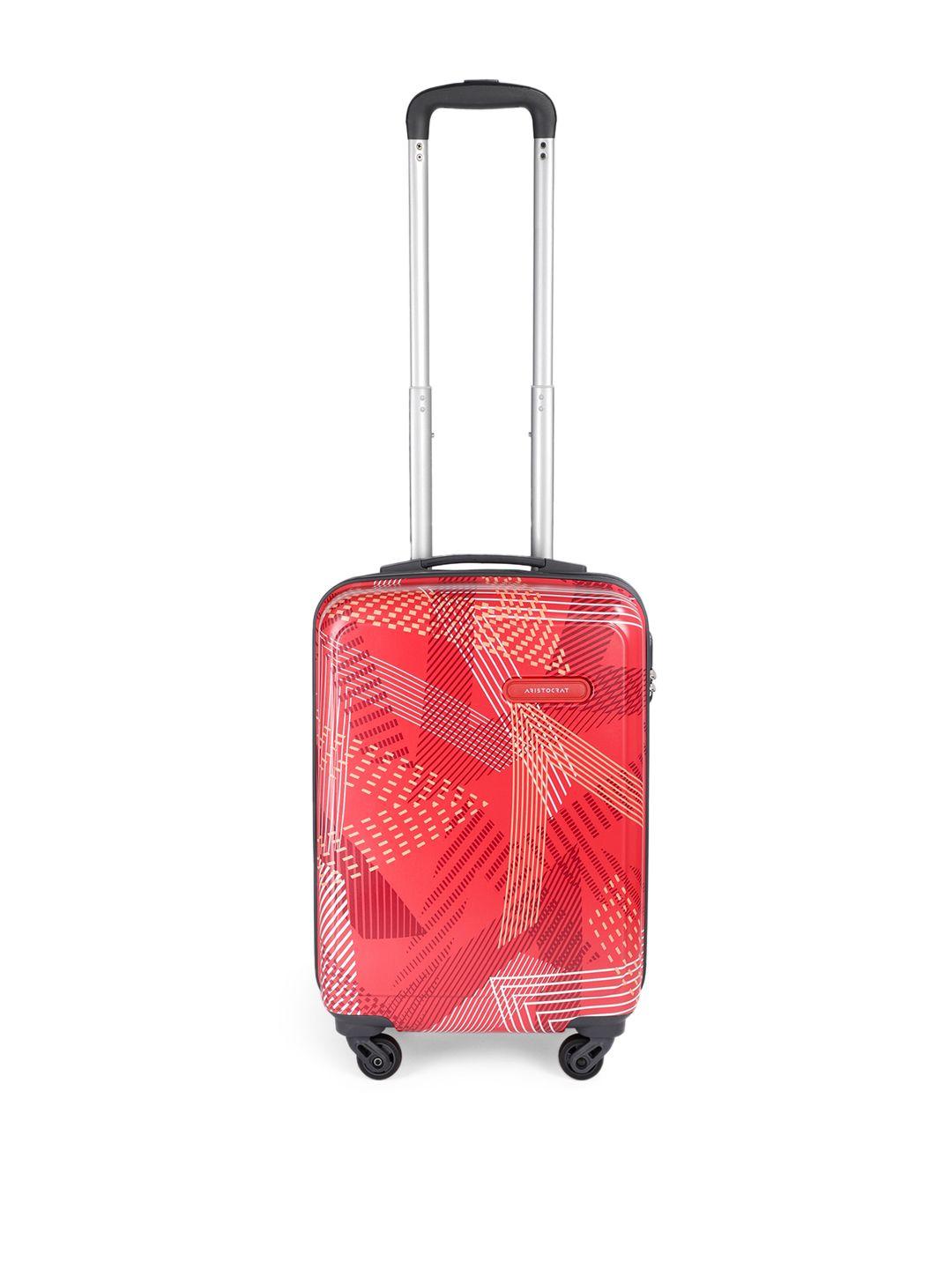 aristocrat red printed dual edge 55 cabin trolley suitcase
