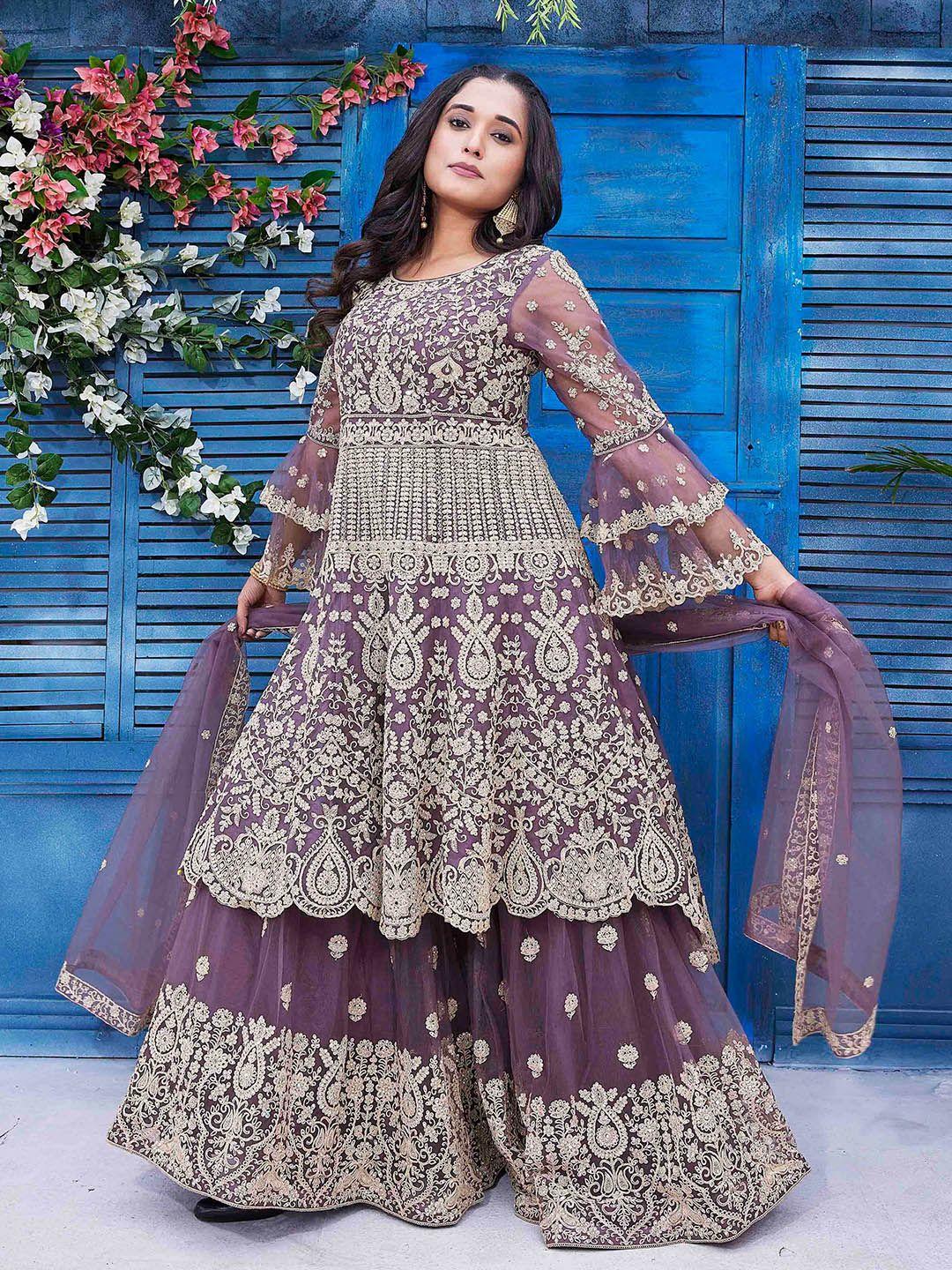 ariya prints ethnic motifs embroidered beads and stones kurta with sharara & dupatta