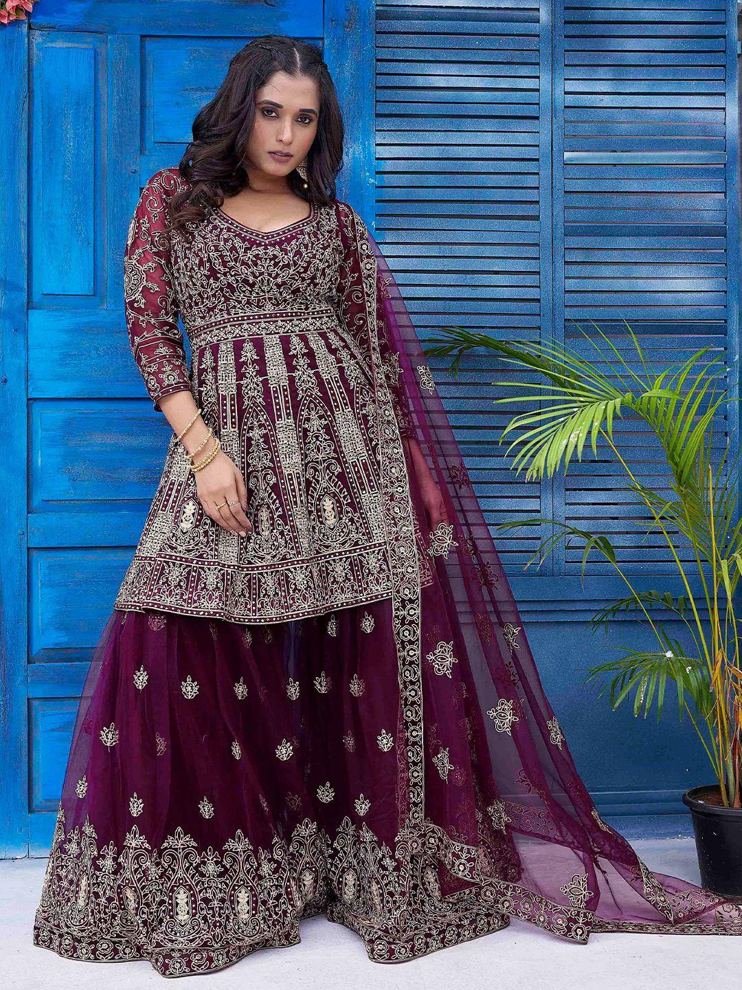 ariya prints ethnic motifs embroidered empire beads & stones kurta with sharara & dupatta