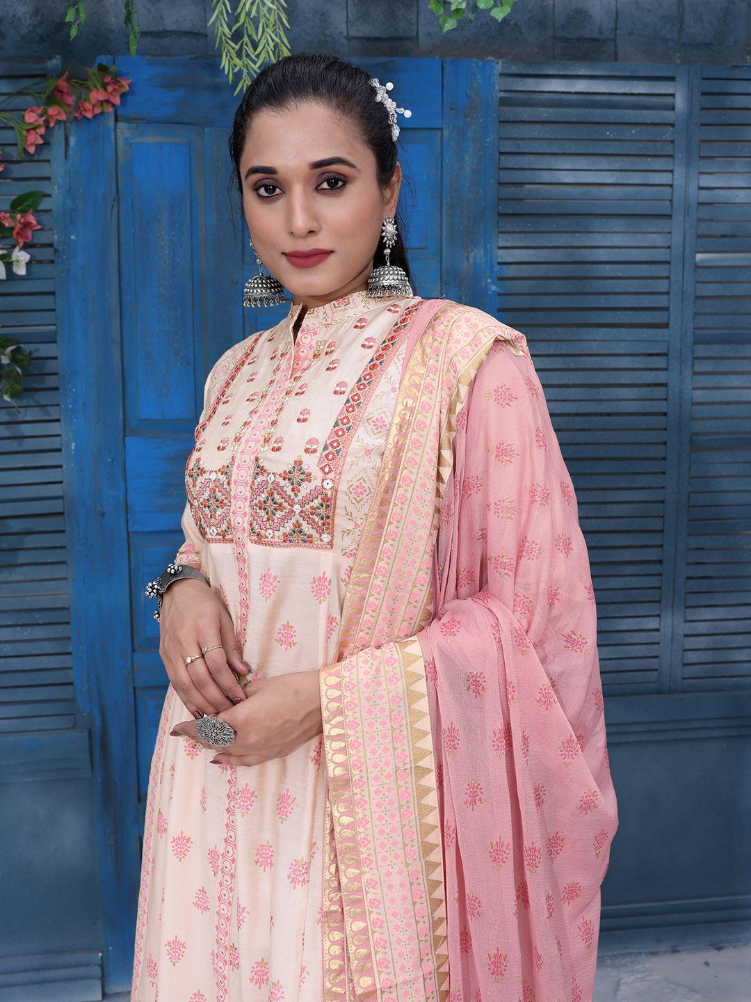 ariya prints ethnic motifs regular thread work pure silk kurti with palazzos & dupatta