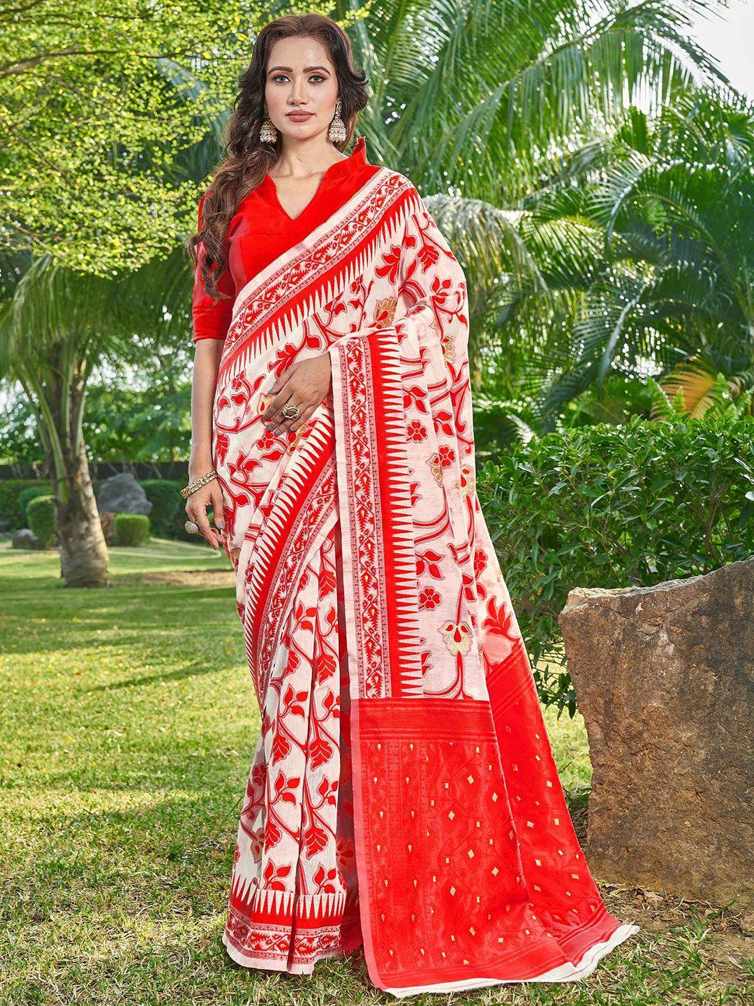 ariya prints floral printed zari silk cotton jamdani saree