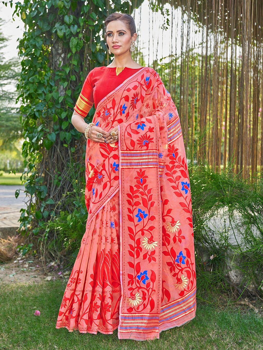 ariya prints floral woven design silk cotton jamdani saree