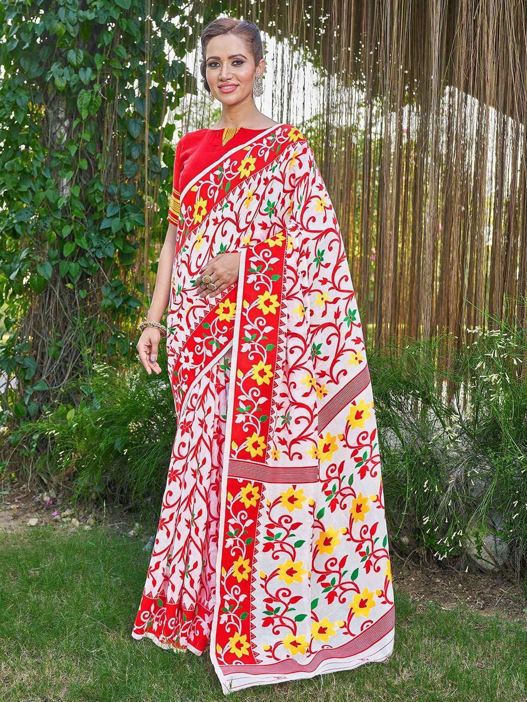 ariya prints floral woven design silk cotton zari jamdani saree