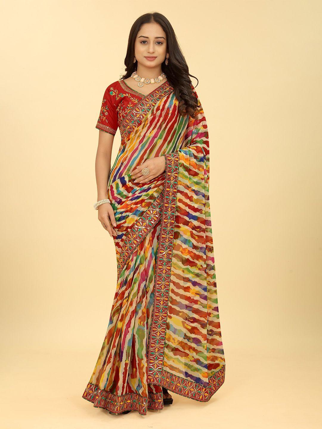 ariya prints leheriya printed embroidered pure georgette bandhani saree
