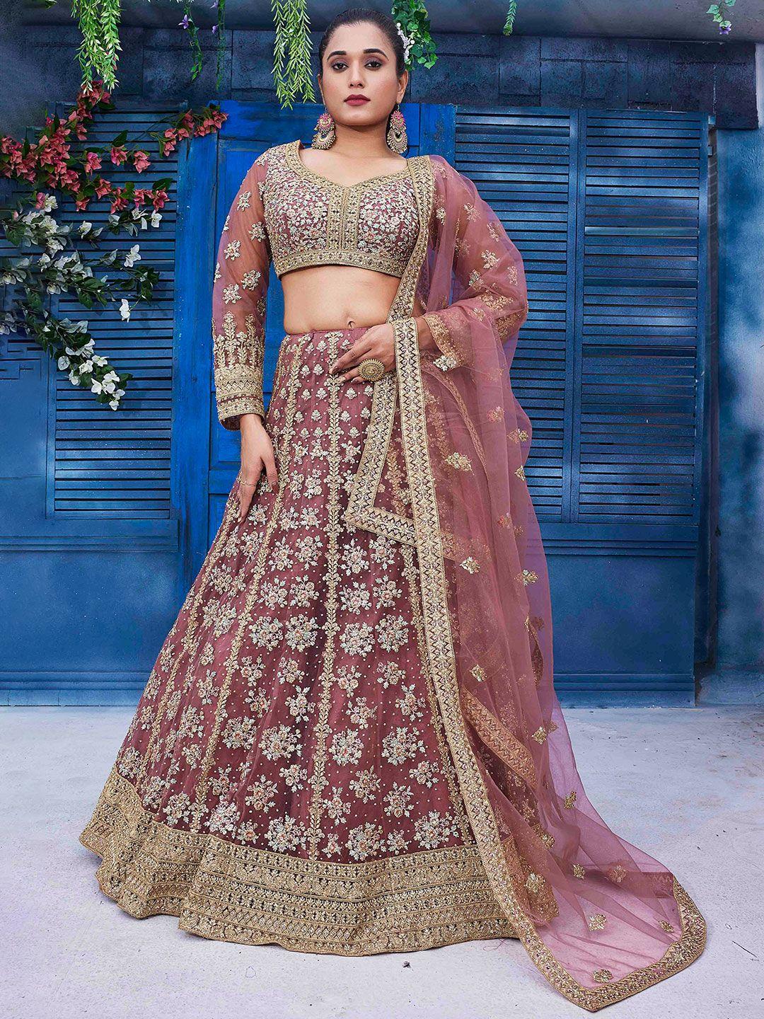 ariya prints peach-coloured & gold-toned embroidered beads and stones block print ready to wear lehenga &