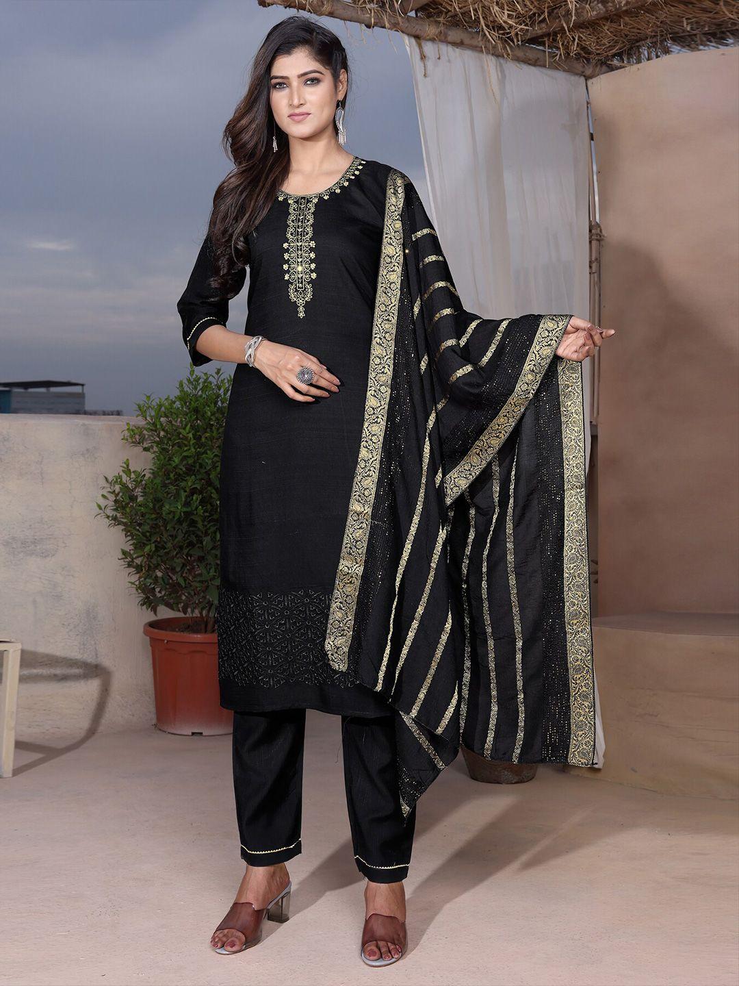 ariya prints women black floral yoke design regular thread work pure silk kurta with pyjamas & with dupatta