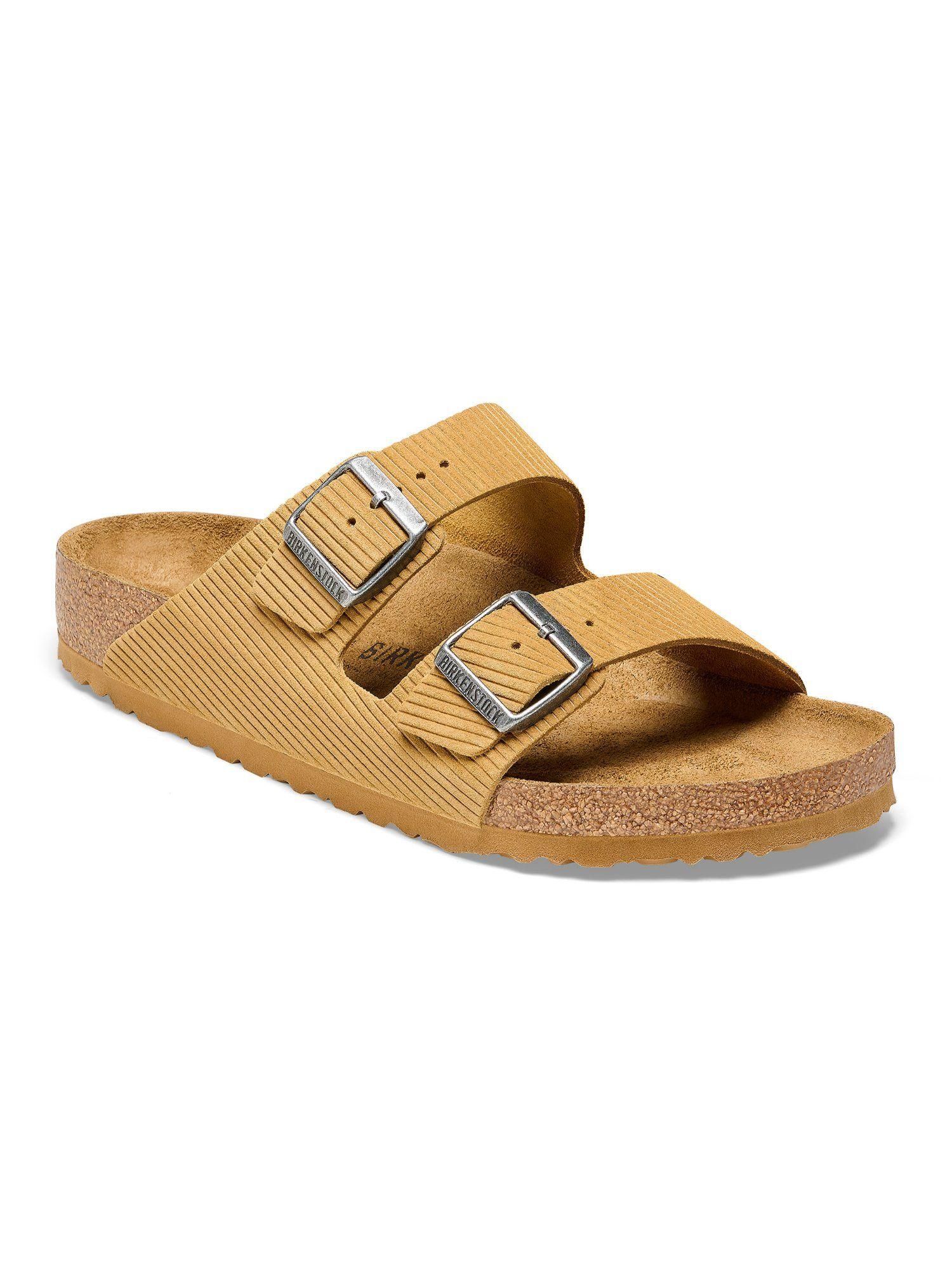 arizona tan suede embossed narrow width unisex two strap sandals