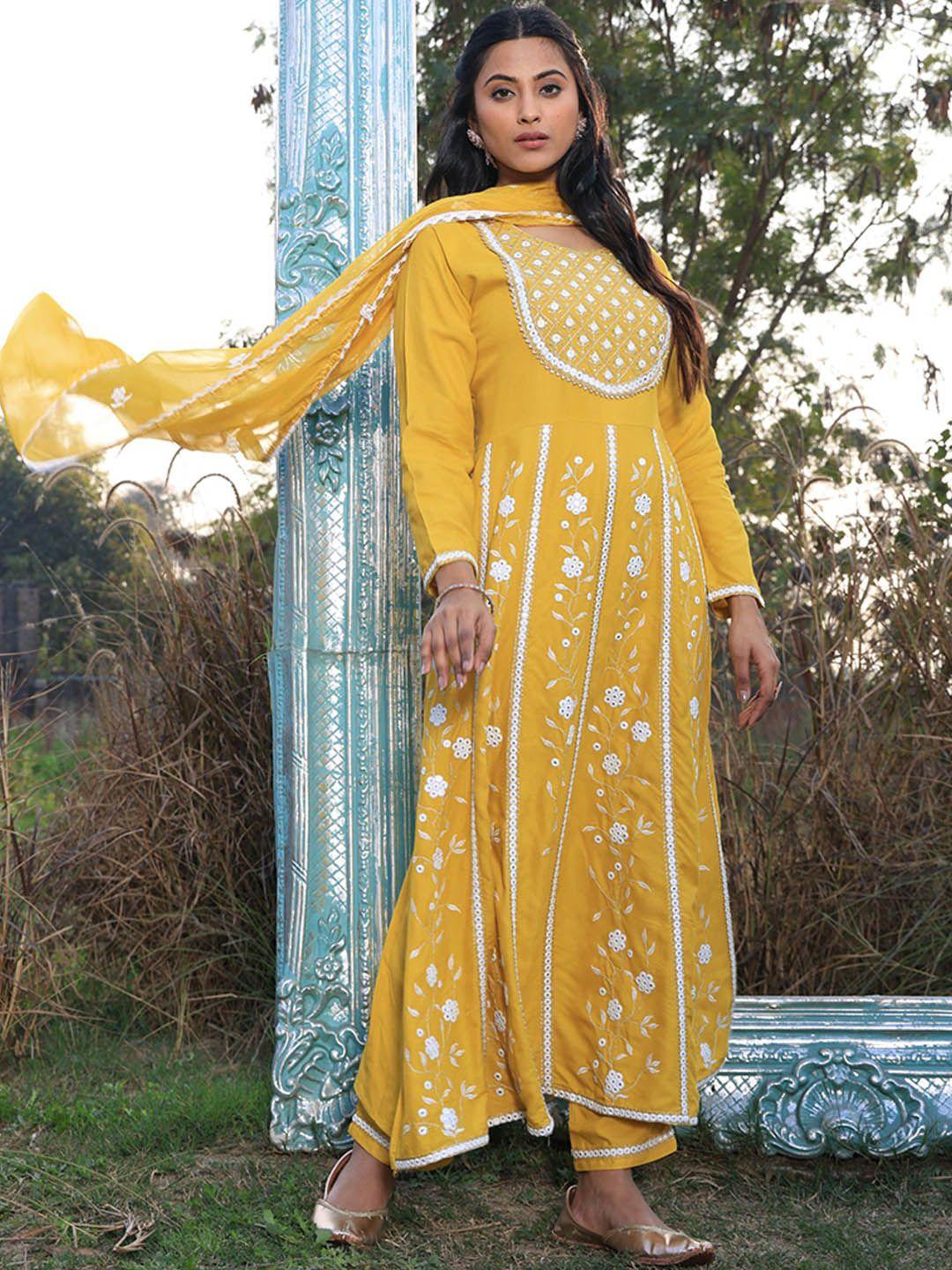 armaan ethnic floral embroidered empire mirror work kurta with trousers & with dupatta