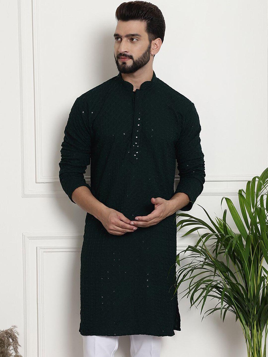 armaan ethnic geometric embroidered sequinned mandarin collar cotton straight kurta