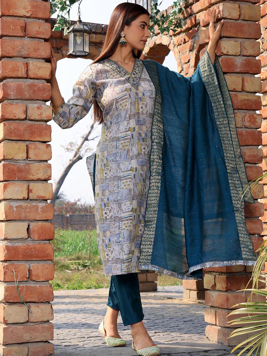 armaan ethnic motif printed thread work straight kurta & trousers with dupatta