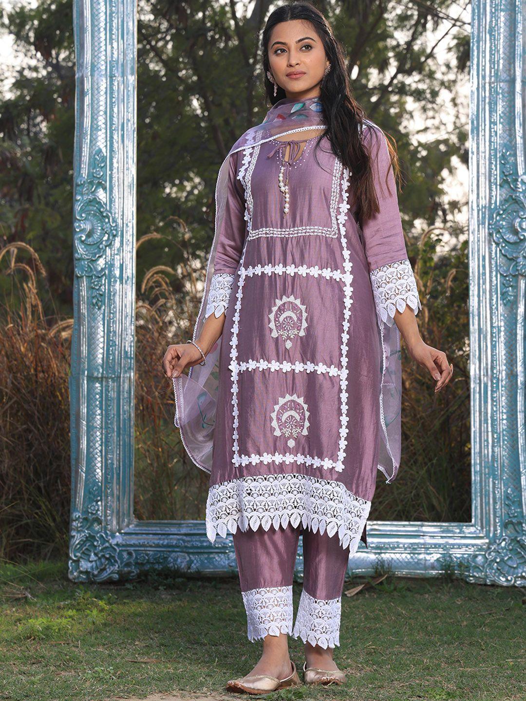 armaan ethnic women floral embroidered regular thread work kurta with trousers & dupatta