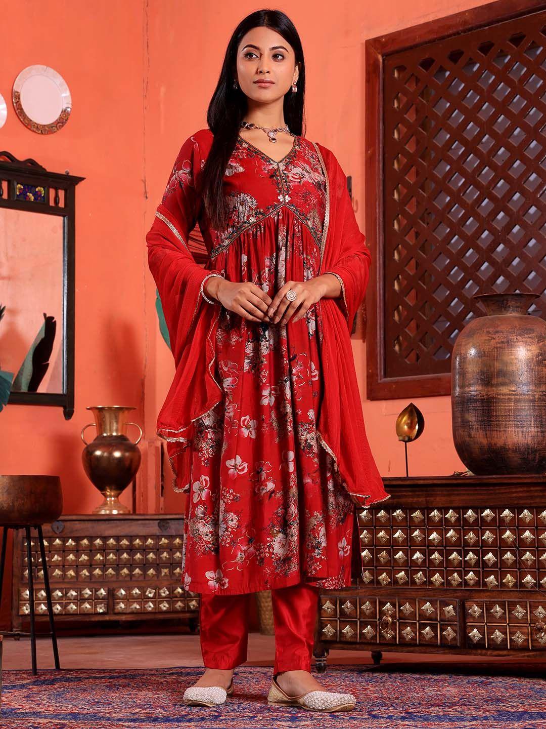 armaan ethnic women floral printed pleated beads & stones kurta & trousers with dupatta