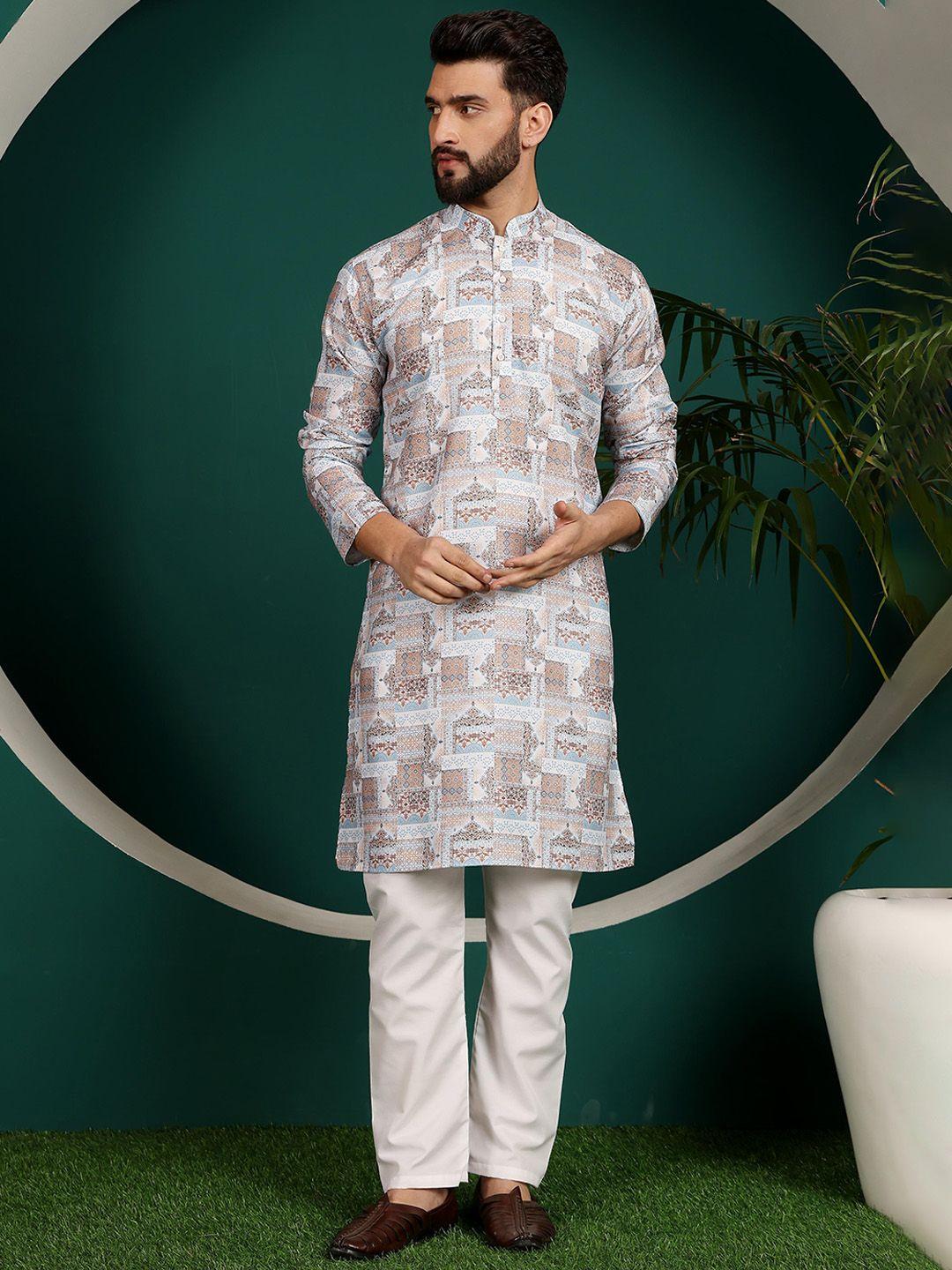 armaan ethnic ethnic motifs printed mandarin collar pure cotton straight kurta with pyjama