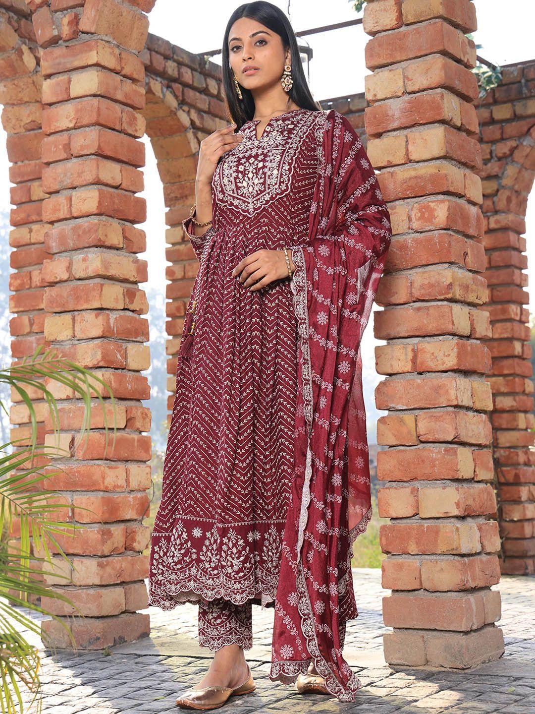 armaan ethnic floral embroidered a-line mirror work kurta & trousers & dupatta