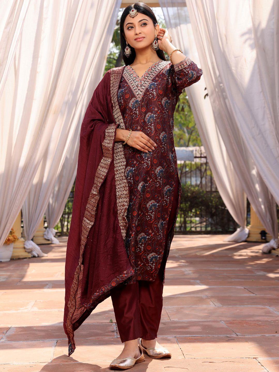 armaan ethnic floral printed thread work straight kurta & trousers with dupatta