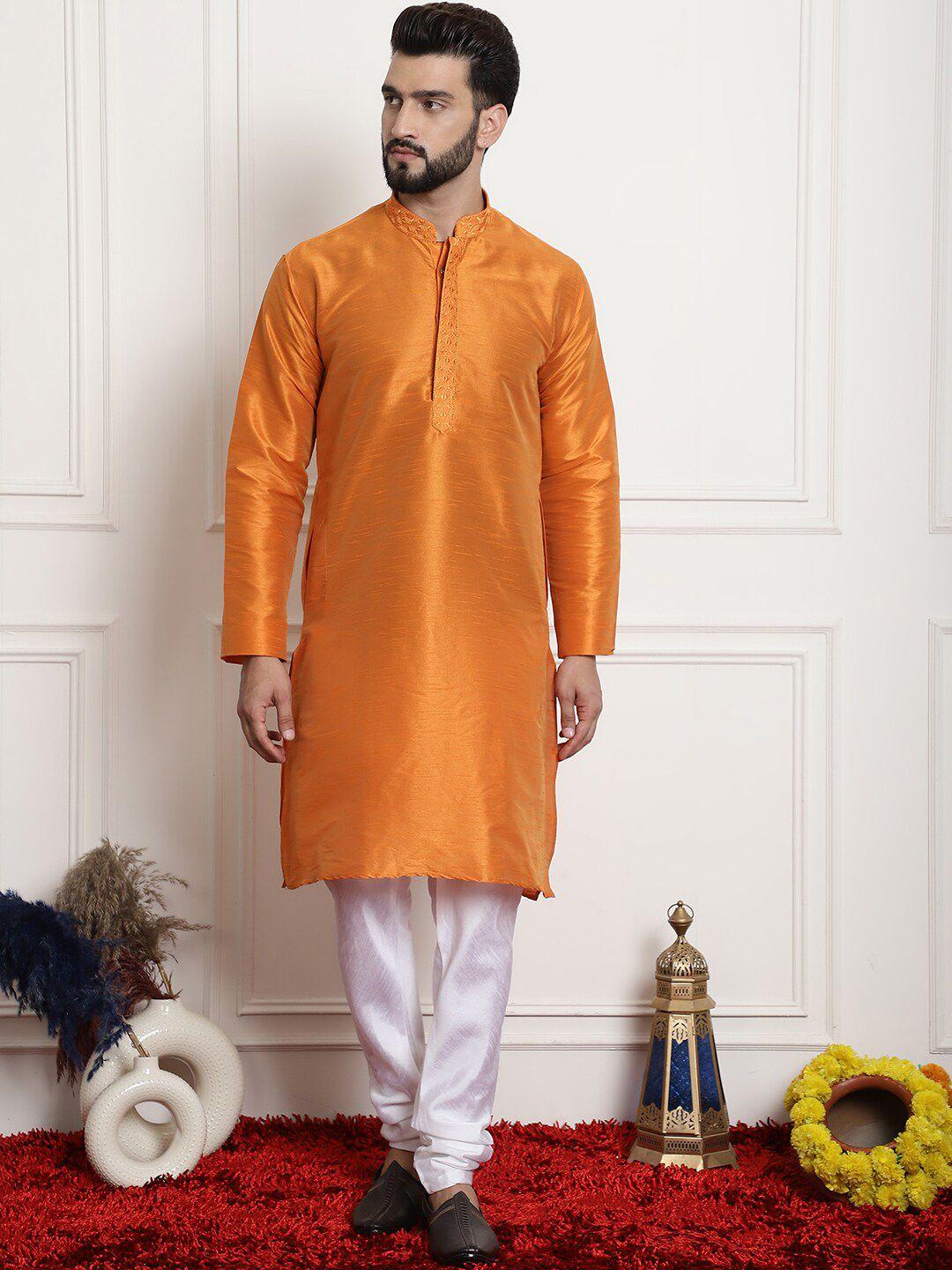 armaan ethnic mandarin collar thread work detailed pure silk straight kurta with churidar