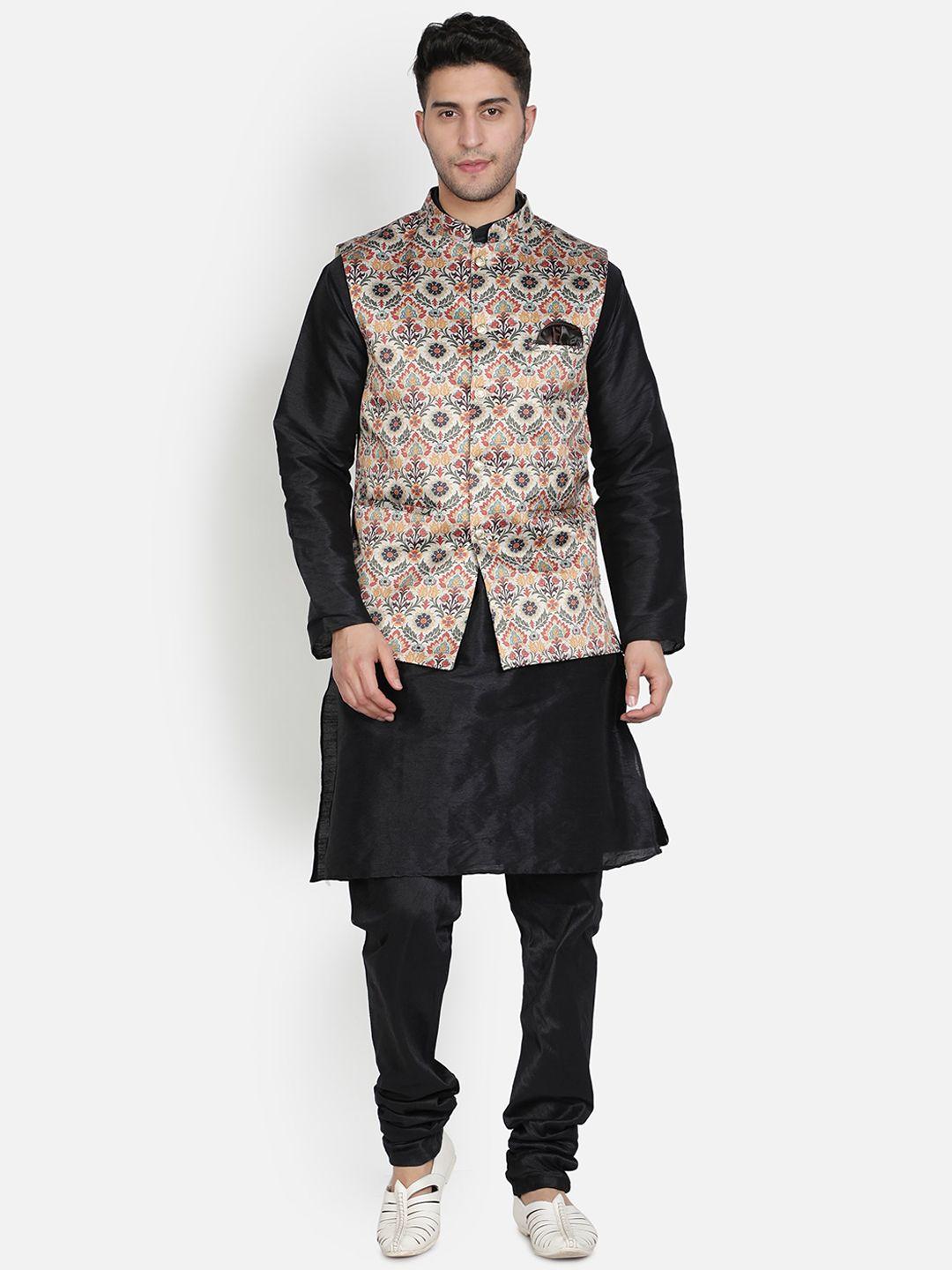 armaan ethnic men black dupion silk kurta with churidar & nehru coat