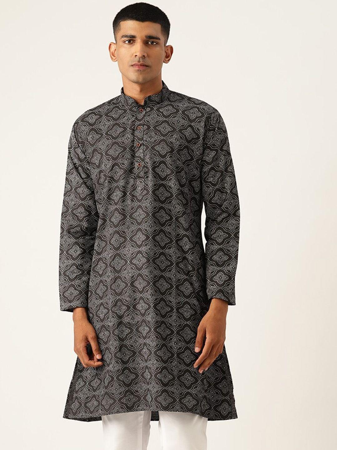 armaan ethnic men black printed thread work block print kurta