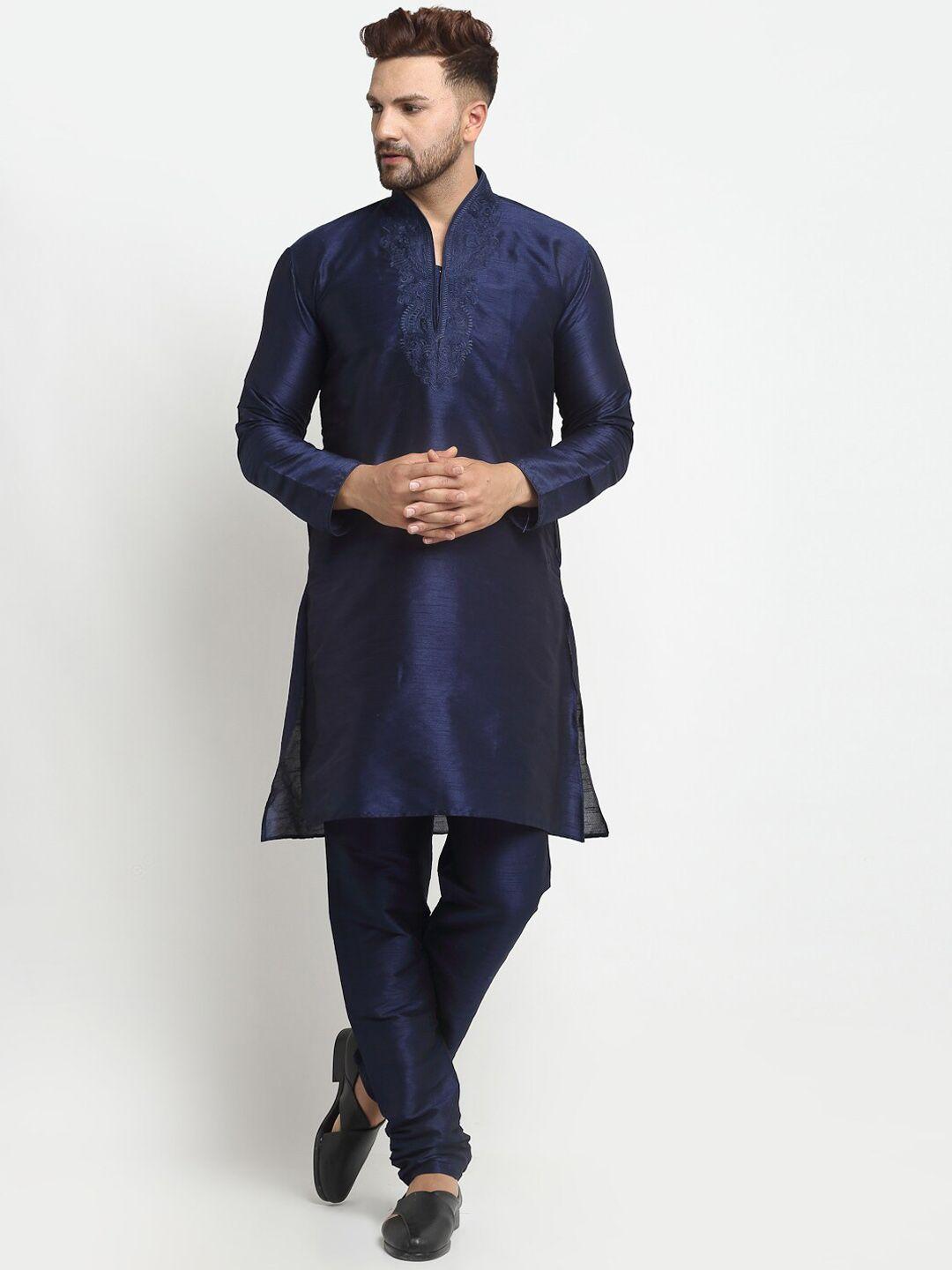 armaan ethnic men blue ethnic motifs yoke design regular dupion silk kurta with churidar