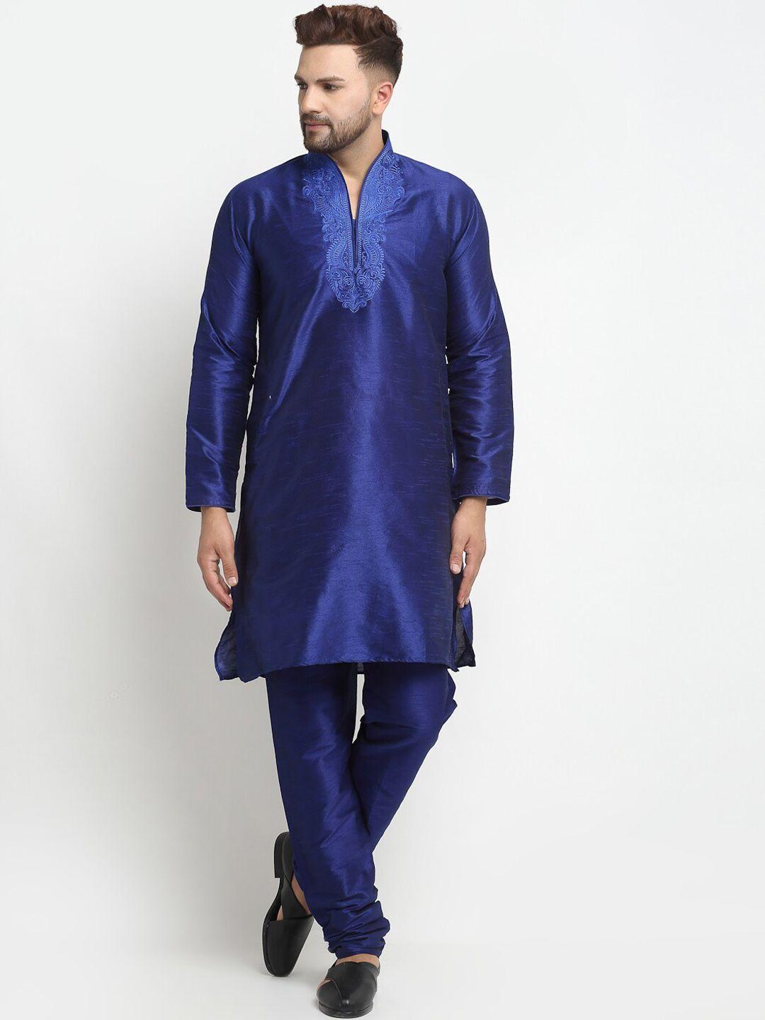 armaan ethnic men blue ethnic motifs yoke design regular thread work dupion silk kurta with churidar