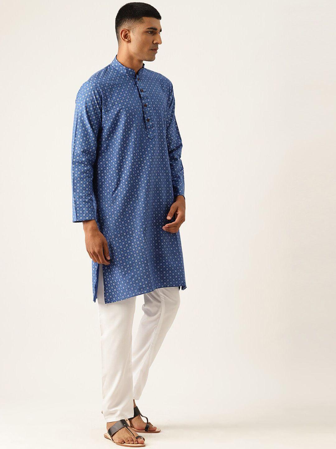 armaan ethnic men blue geometric thread work block print kurta