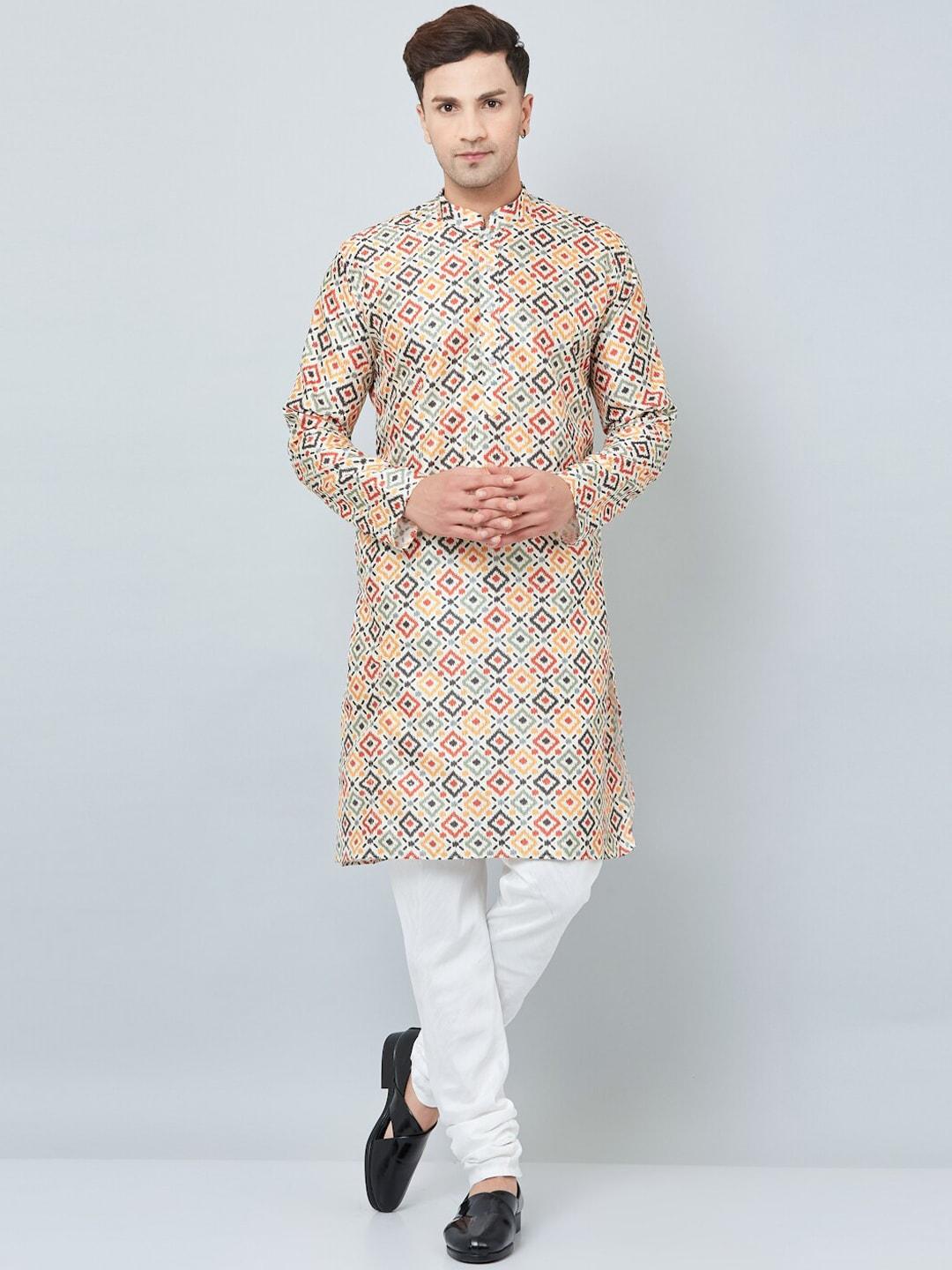 armaan ethnic men cream-coloured printed kurta with churidar