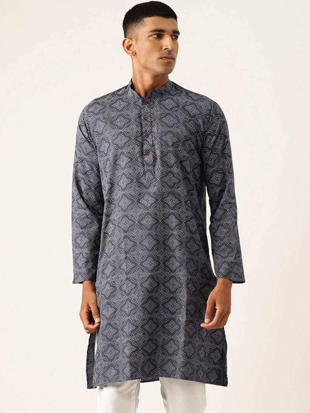 armaan ethnic men grey geometric thread work block print kurta