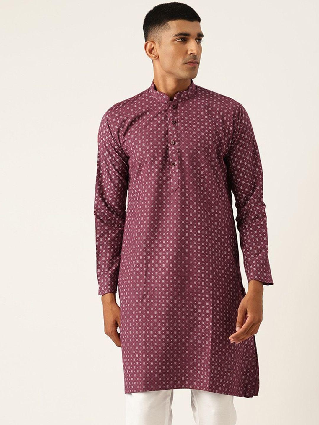 armaan ethnic men maroon geometric cold-shoulder sleeves thread work block print kurta