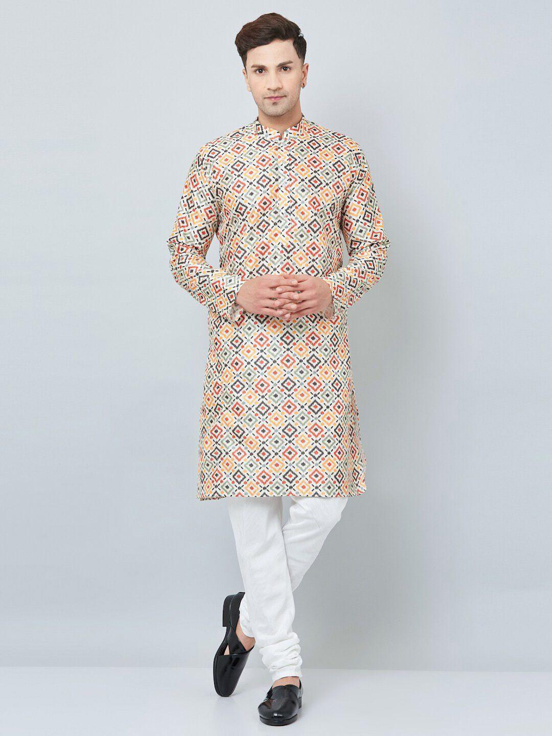 armaan ethnic men off white & orange geometric printed kurta
