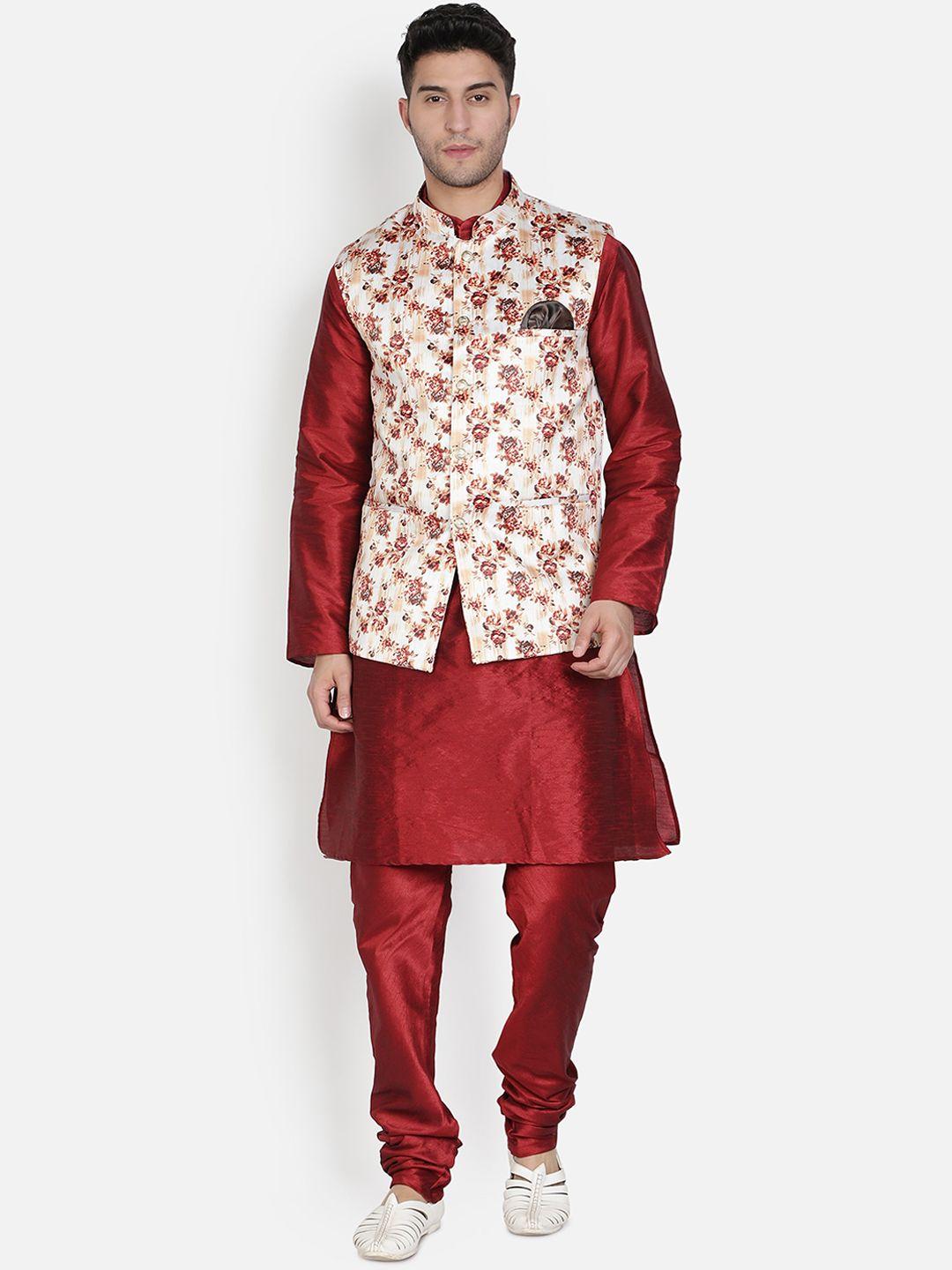 armaan ethnic men red floral regular dupion silk kurta with churidar