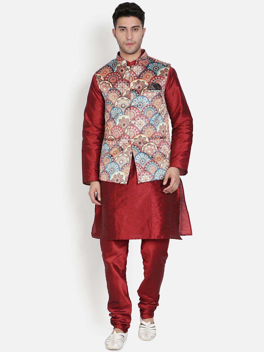 armaan ethnic men red regular dupion silk kurta with churidar