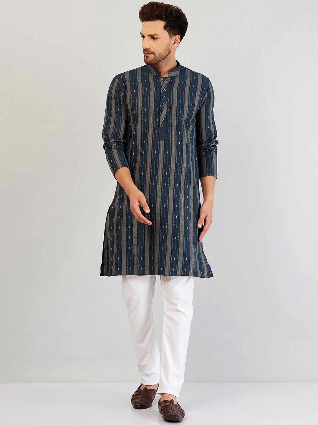 armaan ethnic men teal striped cotton kurta